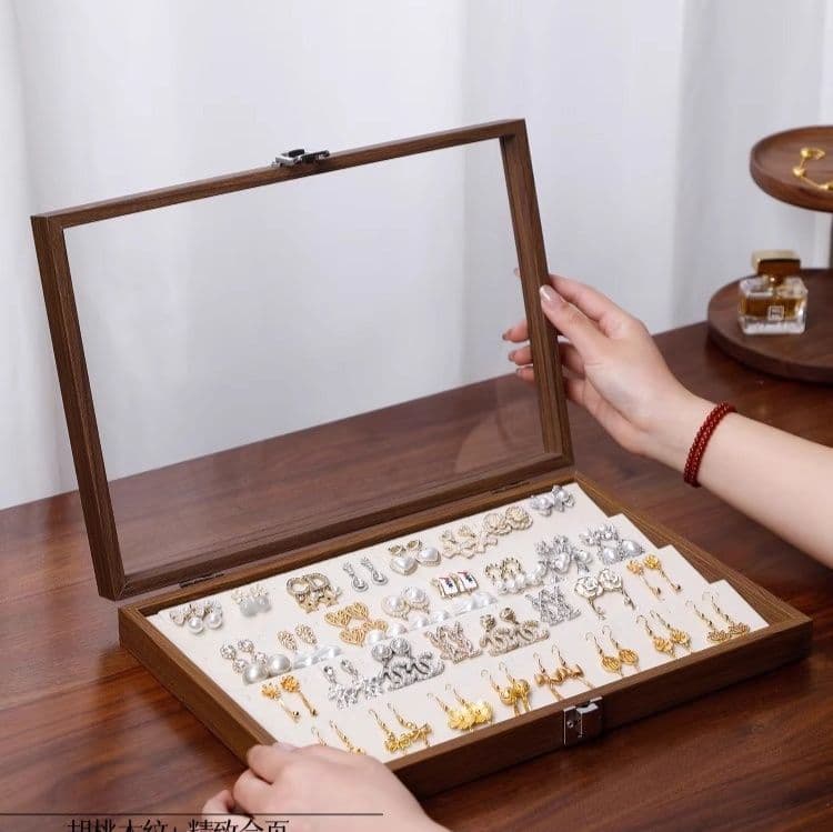ジュエリーボックス 透明蓋付き木製イヤリング収納ボックス